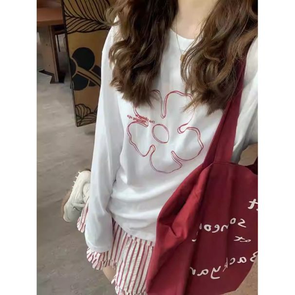 Autumn/Winter Casual Print Long-Sleeved Loose-Fitting Slimming Round-Collar Base Layer T-Shirt For Women_ecoleips.com