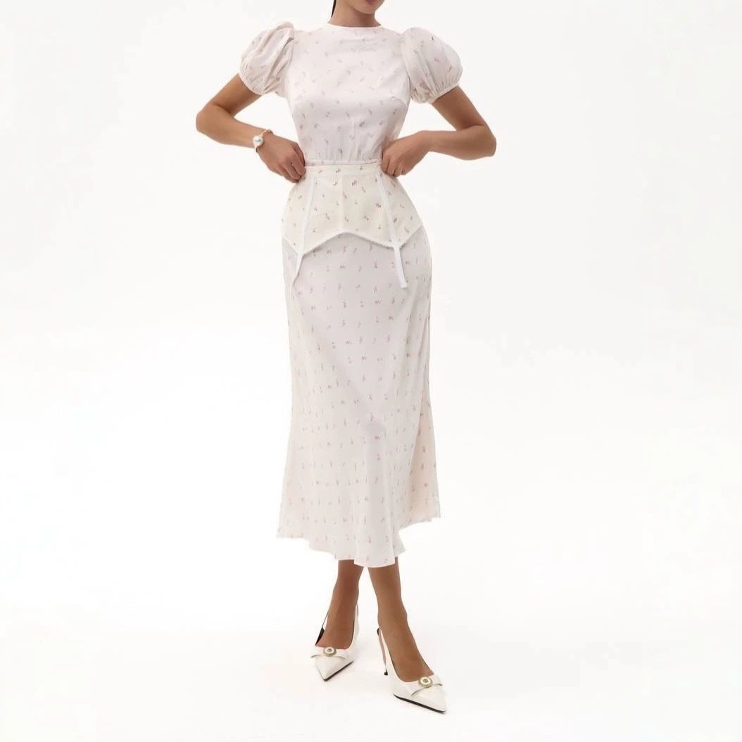 Women's 2 Piece French Vintage Floral Print Puff Sleeve Belted Top And Mermaid Midi Skirt Set – Elegant Casual Outfit_ecoleips.com