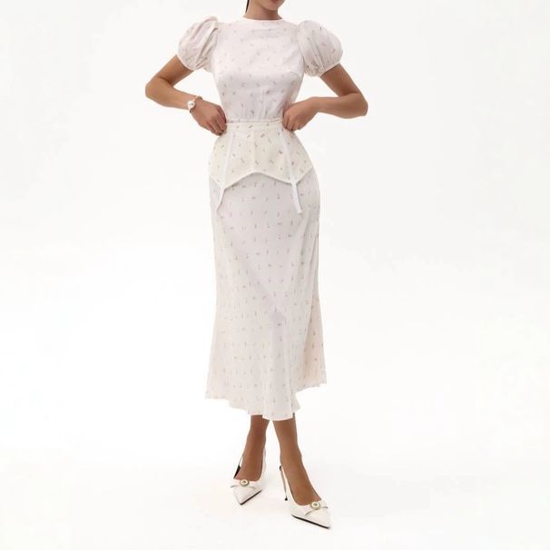 Women's 2 Piece French Vintage Floral Print Puff Sleeve Belted Top And Mermaid Midi Skirt Set – Elegant Casual Outfit_ecoleips.com