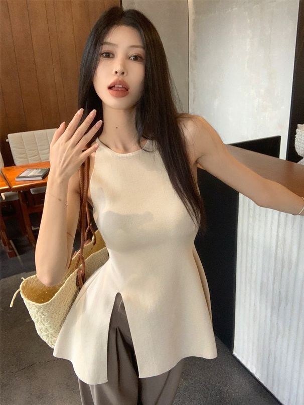 Retro Hong Kong-Style Knitted Camisole For Women, French Ruffled Slit Dress, Sexy Sleeveless Top For Outerwear_ecoleips.com