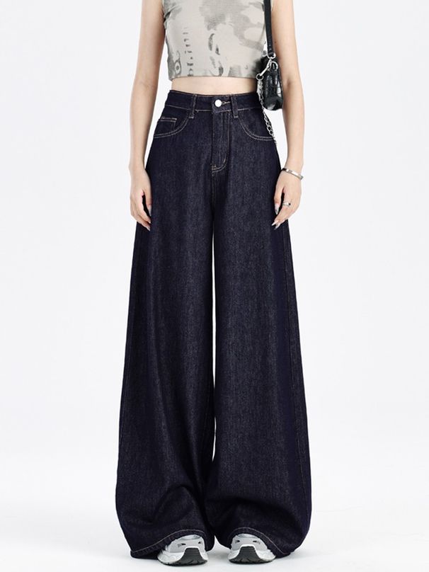 Dark Blue American-style Loose Wide-leg Jeans For Women, 2026 New Model, With A Drapey, Casual, Floor-length_ecoleips.com