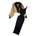 Oversized Lantern-Sleeve Knit Set – Cozy Fleece Cardigan & V-Neck Vest Dress (Camel/Black)_ecoleips.com