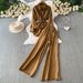 Korean Style Women's Sun Protective Long Sleeved Shirt And High Waisted Wide Leg Trousers Two Piece Set Bamboo Leaf Embroidered Casual Outfit_ecoleips.com