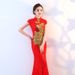 Elegant Chinese Qipao Dress With Peacock Pattern, Short Sleeve Lace Fishtail Hem, Slim-Fit Banquet & Wedding Reception Dress_ecoleips.com