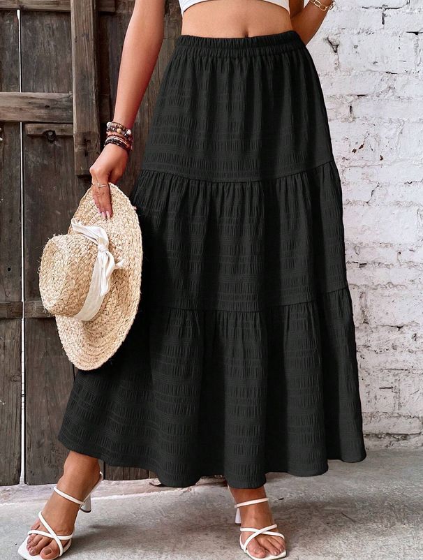 Vacation Style Solid Color Textured Flared Skirt Women's High Waist Flowery Beach Skirt Summer Casual A-Line Swing Skirt_ecoleips.com