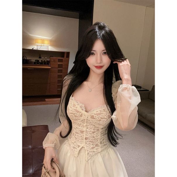 Purely Alluring Lace For Women, 2026 Spring New French Style Slim-Fit Waist-Cinching Sexy See-Through Base Shirt_ecoleips.com