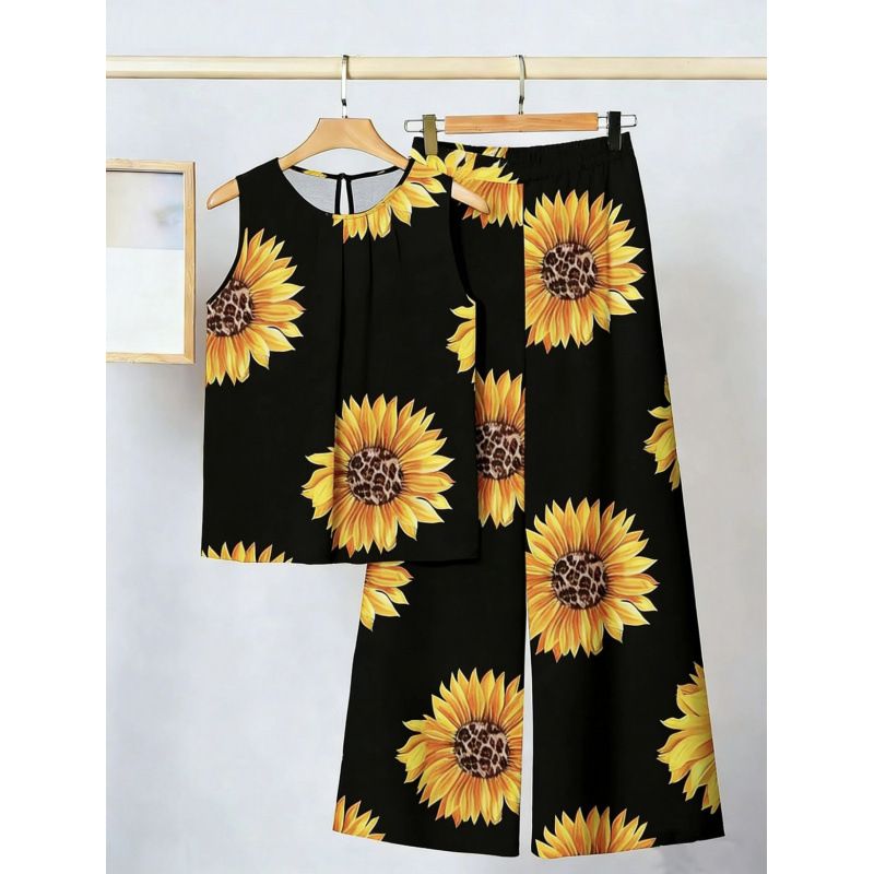 Women's Retro Print Elegant Casual Two Piece Set Sleeveless Top And Pants Style New_ecoleips.com