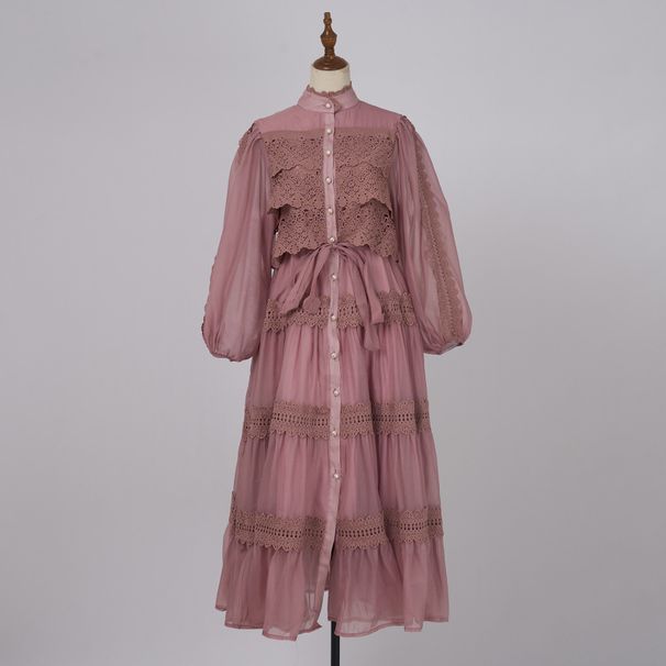 Women's Clothing Retro Palace Style Half High Collar And Lace Long Dress_ecoleips.com