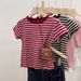 Retro Hong Kong Style Women's T-Shirt Color Blocked Striped Slim Fit Short Sleeve Versatile Top for Spring/Autumn Summer_ecoleips.com