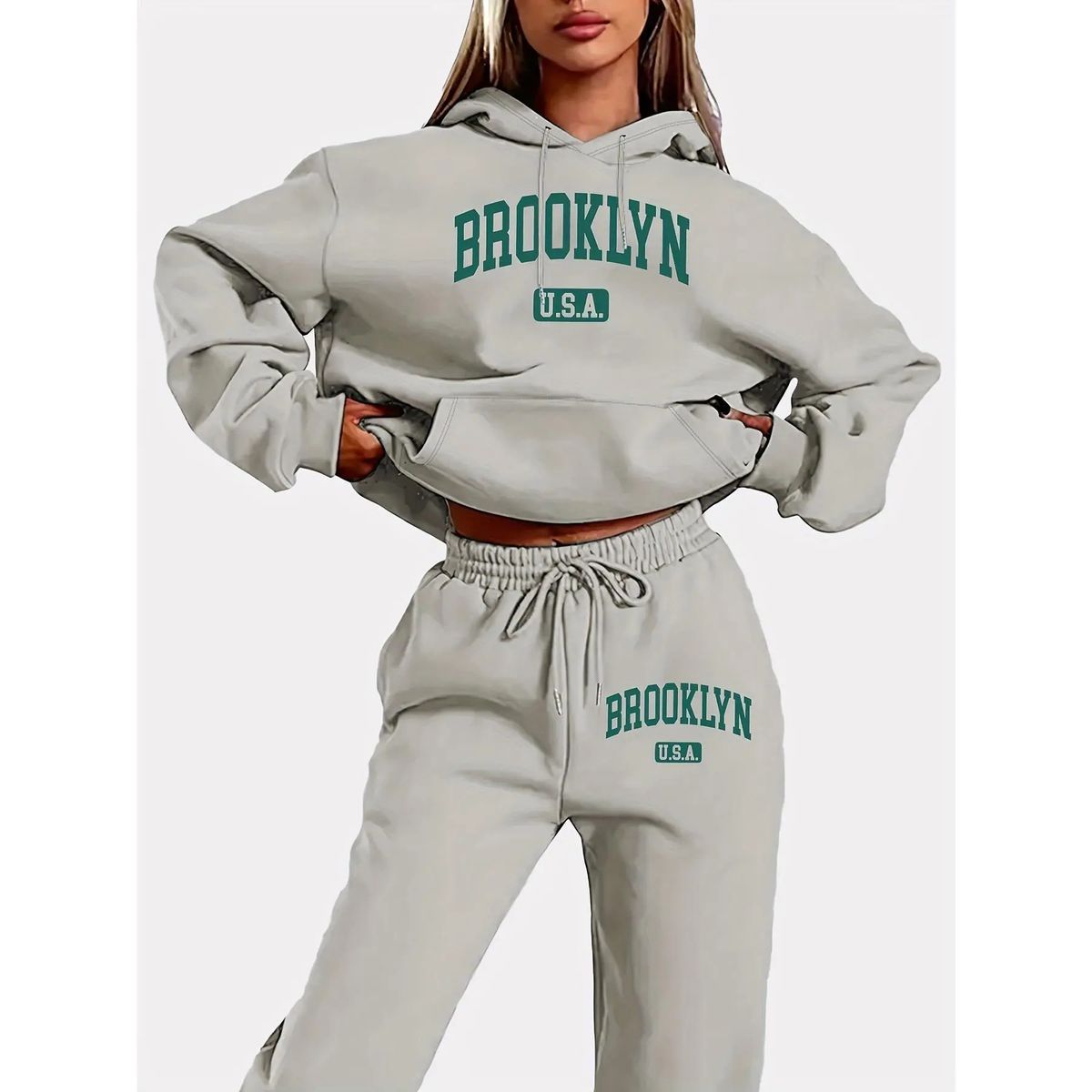 Women's Trendy Casual Loose Hooded Sweater Suit Medium Large Size Printed Full Length Polyester Pant Set_ecoleips.com