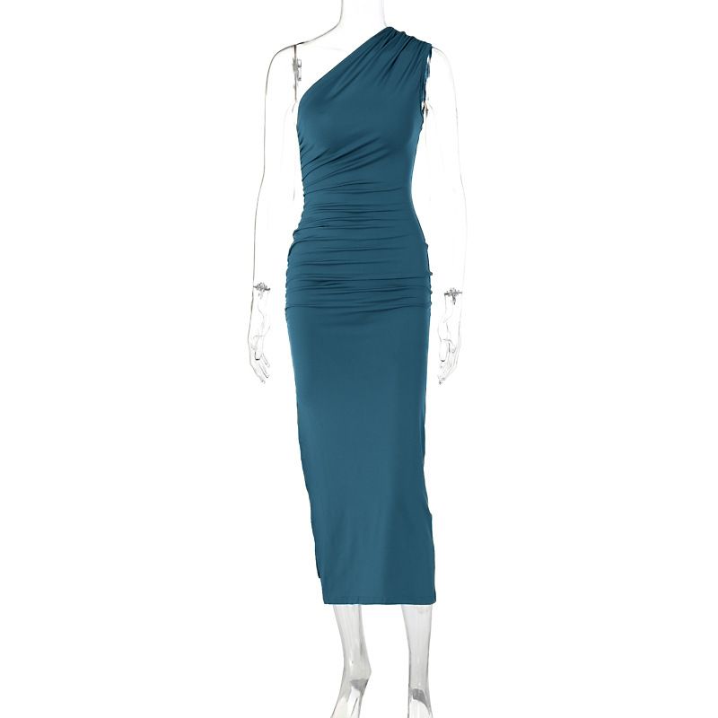 Women’s Clothing Summer New Style Oblique Shoulder Solid Color Slit Sleeveless Pure Desire Sexy Temperament Slim Dress_ecoleips.com
