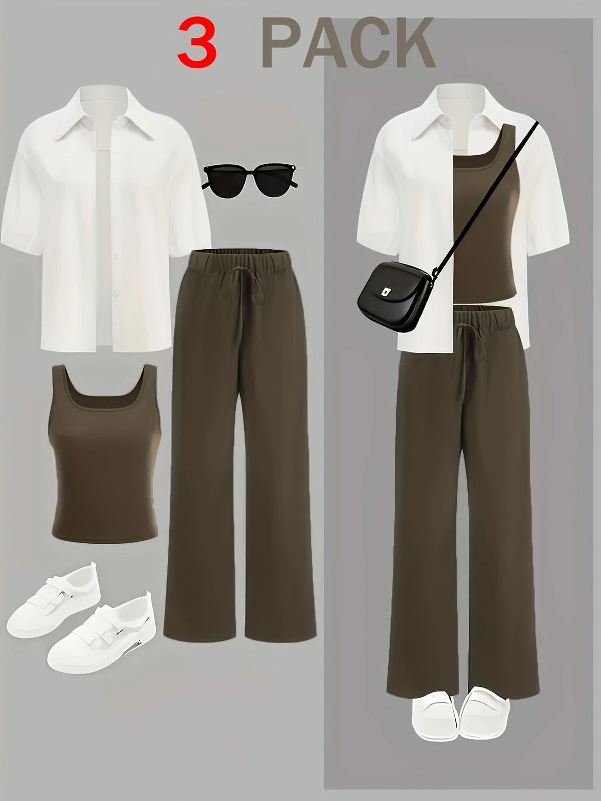 Women's Clothing Summer Dopamine Outfit Set - Slimming Shirt, Tank Top & Pants 3-Piece Combo | Flowy & Youthful | White+Black / White+Brown | S-XXL_ecoleips.com