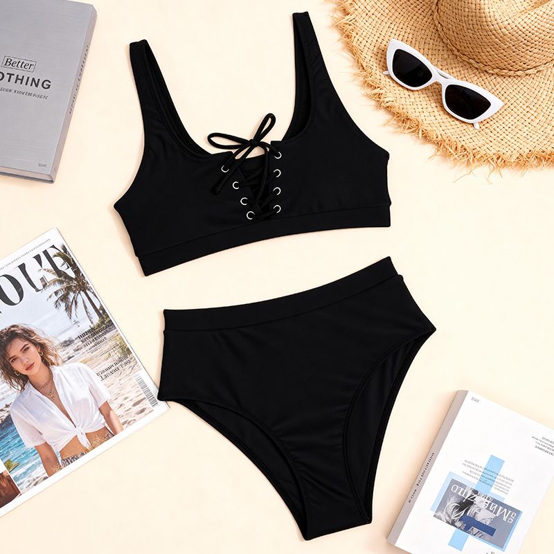 High-Waisted Women's Bikini Set Solid Color Swimwear Adjustable Ties Removable Padding Beach Pool S-XL_ecoleips.com