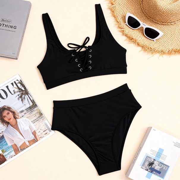 High-Waisted Women's Bikini Set Solid Color Swimwear Adjustable Ties Removable Padding Beach Pool S-XL_ecoleips.com