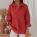 Women's Clothing Solid Color Casual Loose Fit Fashionable Lapel Vintage-Inspired Relaxed V-Neck Top – Long Sleeve Casual Blouse (6 Colors, S-XXXL)_ecoleips.com