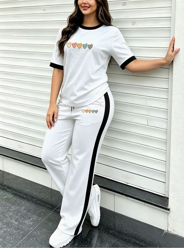 Women's Heart Print Crew Neck Short Sleeve T-Shirt And Casual Pants Set Summer New Arrival 8002 Print_ecoleips.com