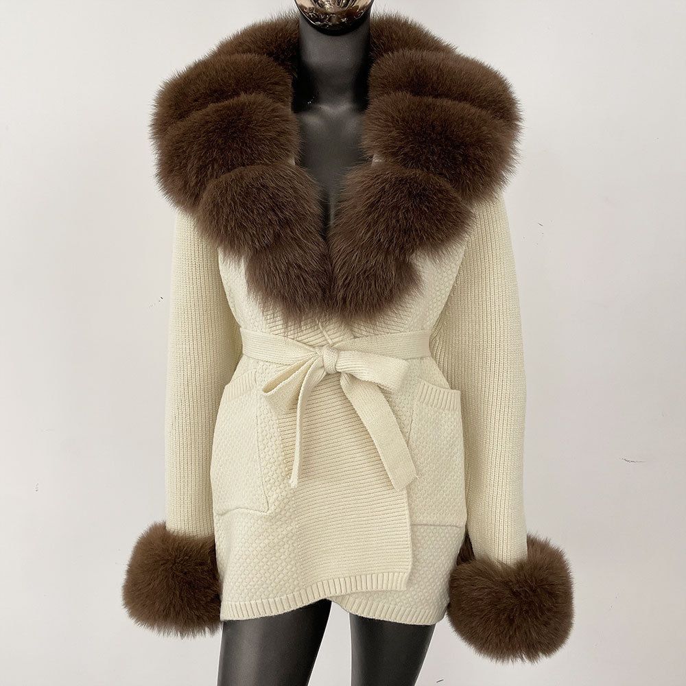Women’s Luxe Fox Fur Collar Cardigan – Oversized Knit Sweater Coat, Mid-Length Bathrobe Style_ecoleips.com