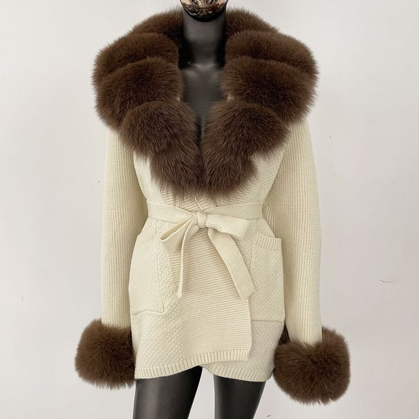 Women’s Luxe Fox Fur Collar Cardigan – Oversized Knit Sweater Coat, Mid-Length Bathrobe Style_ecoleips.com