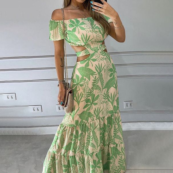 Summer 2024 European And American Women's Fashion New Style Printed Elegant Off-shoulder High-waisted Hollow Ruffle_ecoleips.com
