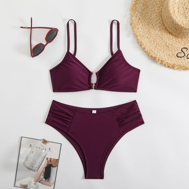 Women's Solid Color Sexy Bikini Set – Crinkle Hollow-Out Two-Piece Swimwear With Removable Padded Cups_ecoleips.com