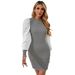 Women's Houndstooth & Solid Color Panel Dress – Round Neck Lantern Sleeve Office Wear (Polyester, Slim Fit, Mid-Length)_ecoleips.com