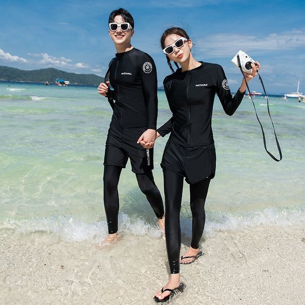 Aria Basics One-piece Unisex Swimwear, Two-piece Long-sleeve Long-pants Set, Solid Color Conservative Diving Suit For Surfing And_ecoleips.com