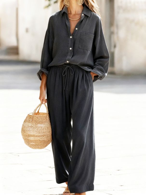 Women's Pure Color Linen-Like Loose Fit Long Sleeve Two Piece Set Comfortable Casual Outfit_ecoleips.com