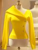 Women's Clothing Elegant Knit Pullover With Bold Lapel Collar & Decorative Front Buttons - Soft Viscose Blend, Classic Fit, Long Sleeve_ecoleips.com
