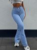 Women's High-Waisted Slim Fit Flared Jeans Light Blue Zipper Closure Casual Cotton Denim Street Style Solid Color For Office Lady_ecoleips.com