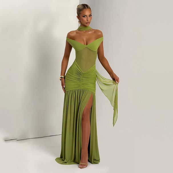 Women's Sexy Strapless Backless Long Mesh Dress European American Style Fashionable Bodycon Clothing Set with Gathered Slit_ecoleips.com