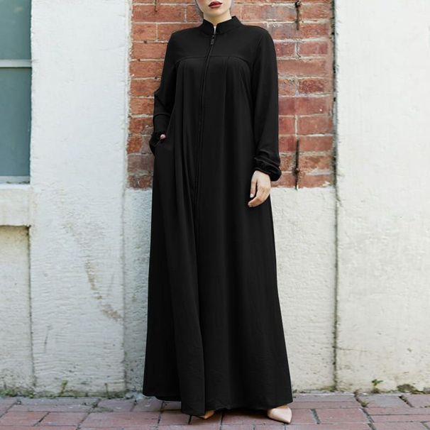New Muslim Women's Clothing Middle Eastern Arabic Style Stand Collar Zipper Cardigan Pocket Elegant Loose Dress_ecoleips.com