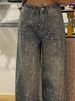 Vintage Distressed Denim Jeans - Rhinestone Embellished Wide-Leg Pants With Raw Hem For Women_ecoleips.com
