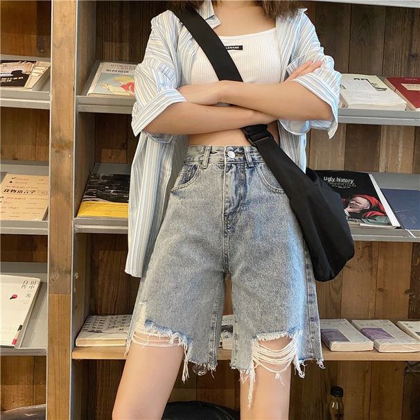 2025 Summer Hot Girl Denim Shorts Women Loose Ripped High Waist Casual Versatile Straight Five-Point Pants_ecoleips.com