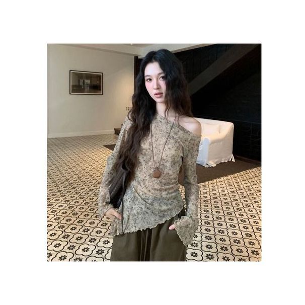 2026 Autumn Hot Item Feeling Oblique Shoulder Blending Retro Design Feeling Irregular Hem Temperament Mesh Small Shirt Top For Women_ecoleips.com
