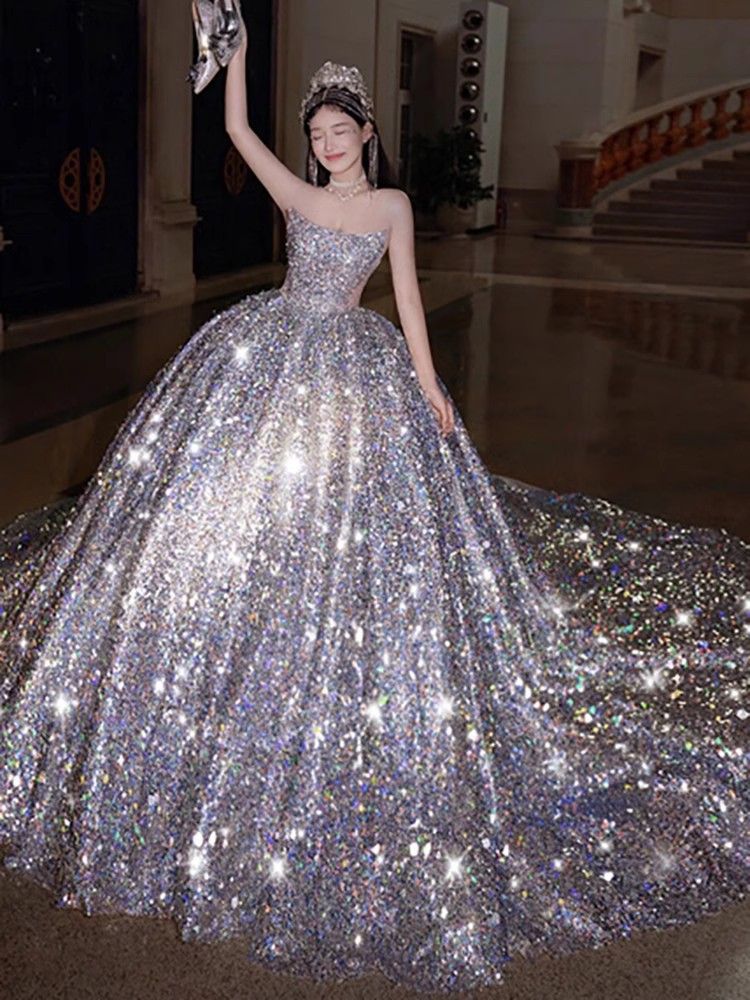 Heavy Industry Design Elegant Tail Sweet Fashion Glitter Wedding Dress_ecoleips.com