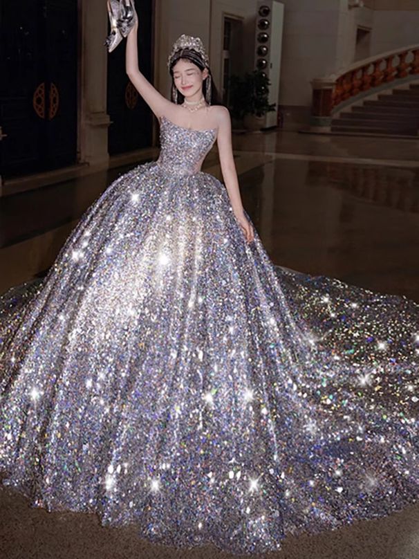 Heavy Industry Design Elegant Tail Sweet Fashion Glitter Wedding Dress_ecoleips.com