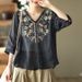 Artistic Retro Heavy Industry Embroidery Summer Cotton And Linen Ethnic Style Top Women's Lace Stitching V-Neck Elegant_ecoleips.com