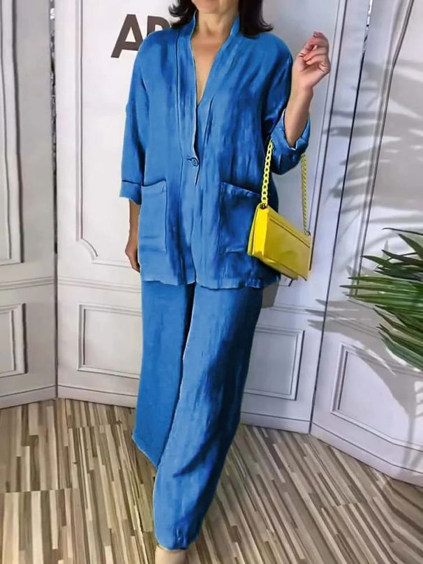 Women's Clothing Women's Solid Color Large Size Casual Cotton And Linen V Neck Suit Trousers Two Piece Set_ecoleips.com