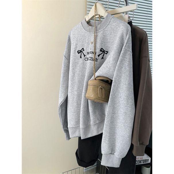 European American Style Thin Round-neck Pullover Sweatshirt Women, Loose Fit, Korean Version, With Bow Embroidery,_ecoleips.com
