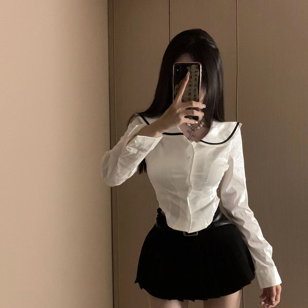 New College-style Navy Collar Fashionable Long-sleeve Shirt With Versatile Design And Unique Niche Appeal_ecoleips.com