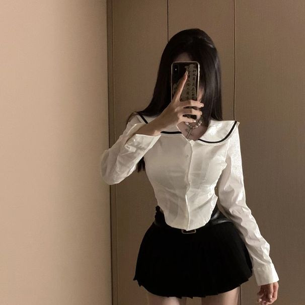 New College-style Navy Collar Fashionable Long-sleeve Shirt With Versatile Design And Unique Niche Appeal_ecoleips.com