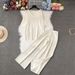 Women's Korean Style Solid Color Knitted Set V Neck Short Sleeve Loose Casual Sweater Top And Wide Leg Pants Two-Piece Clothing_ecoleips.com