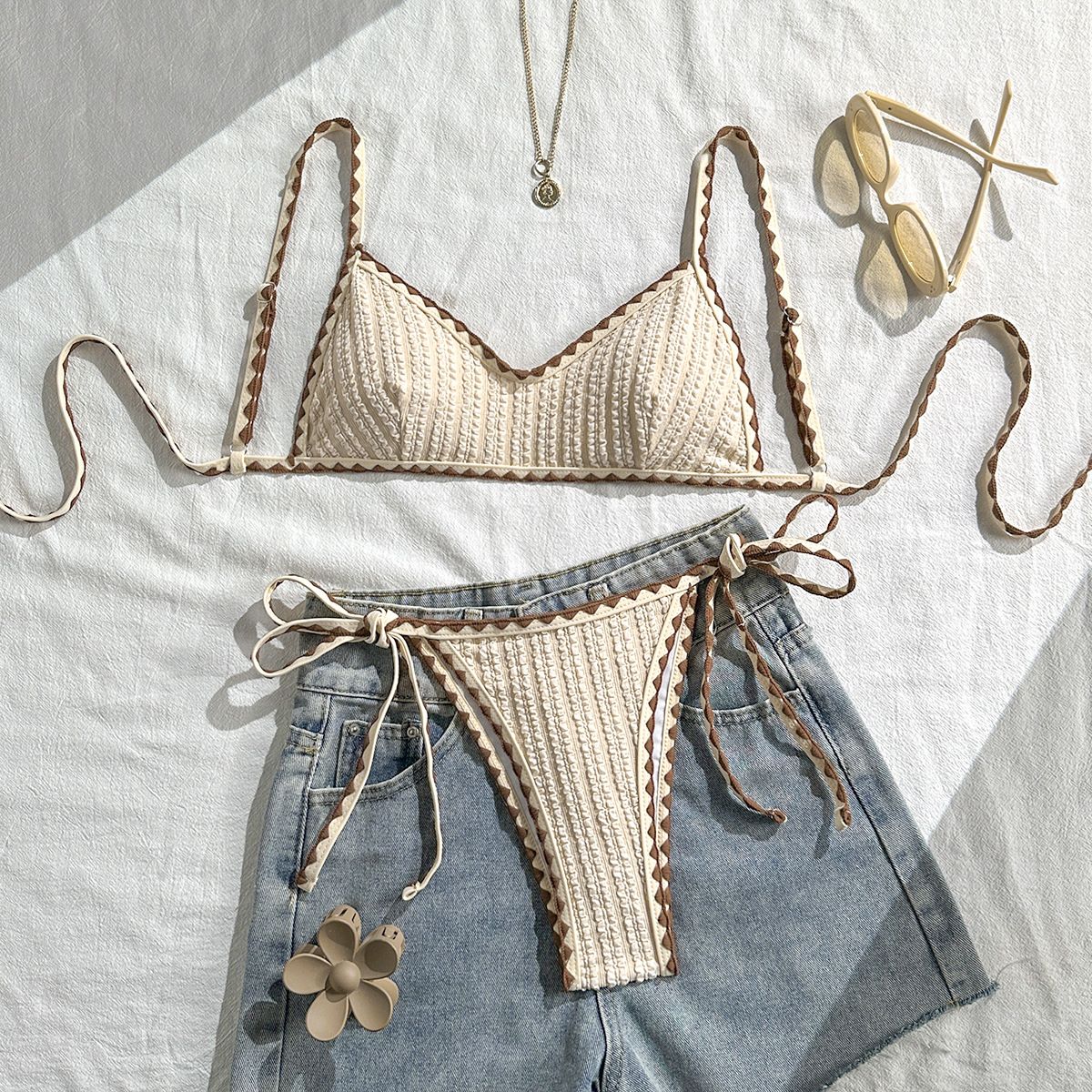 Women's Clothing Retro Textured Bikini Women's Color Block Lace Up Two Piece Swimsuit Style Quick-Dry Polyester, Modest Coverage_ecoleips.com