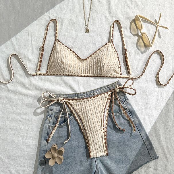 Women's Clothing Retro Textured Bikini Women's Color Block Lace Up Two Piece Swimsuit Style Quick-Dry Polyester, Modest Coverage_ecoleips.com