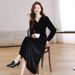 High-End Velvet Dress, Women's French Temperament, V-Neck, Waist Slimming, Slimming Mid-Length Skirt_ecoleips.com