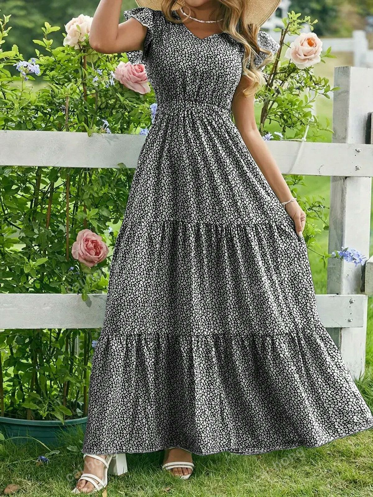 Women's Long Dress V Neck High-Waisted Floral Print Layered Short Sleeve Elegant_ecoleips.com