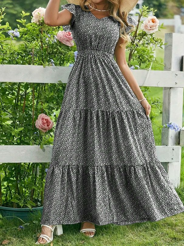 Women's Long Dress V Neck High-Waisted Floral Print Layered Short Sleeve Elegant_ecoleips.com