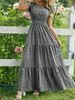 Women's Long Dress V Neck High-Waisted Floral Print Layered Short Sleeve Elegant_ecoleips.com