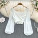 Women's Spring Fashion V Neck Pleated Collarbone Bubble Long Sleeve Crop Top Chic And Unique Pullover Short Exposed Design_ecoleips.com