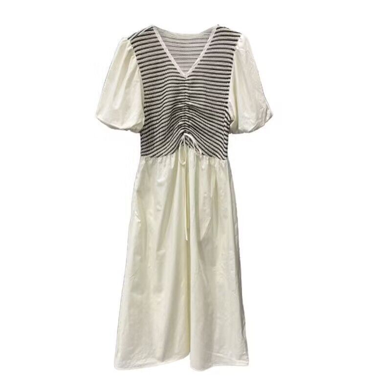 Summer New Korean Fashion Puff Short Sleeve V-Neck Striped Patchwork Maternity Dress_ecoleips.com